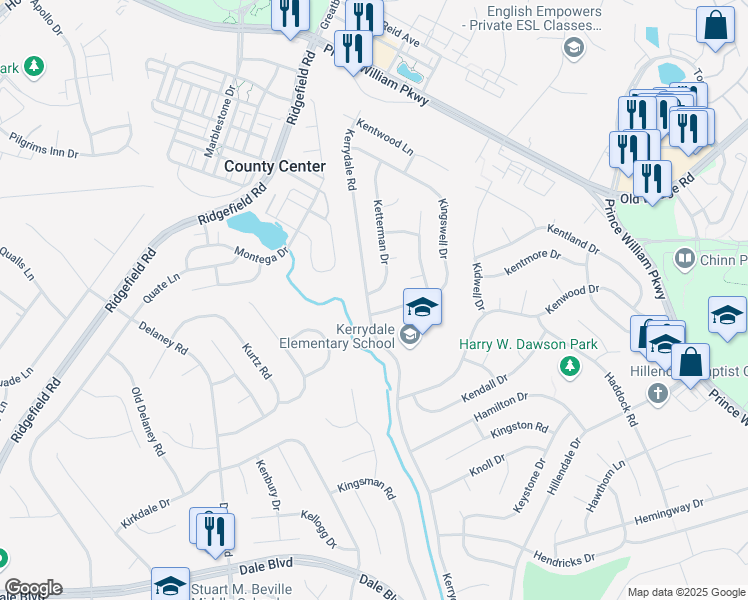 map of restaurants, bars, coffee shops, grocery stores, and more near 13019 Ketterman Drive in Woodbridge