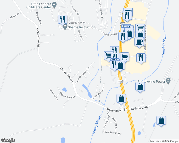map of restaurants, bars, coffee shops, grocery stores, and more near 7202 Amber Queen Court in Brandywine