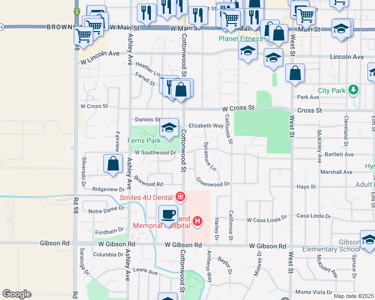 map of restaurants, bars, coffee shops, grocery stores, and more near 524 West Southwood Drive in Woodland