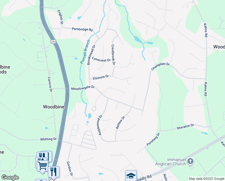 map of restaurants, bars, coffee shops, grocery stores, and more near 13131 Lodi Court in Manassas