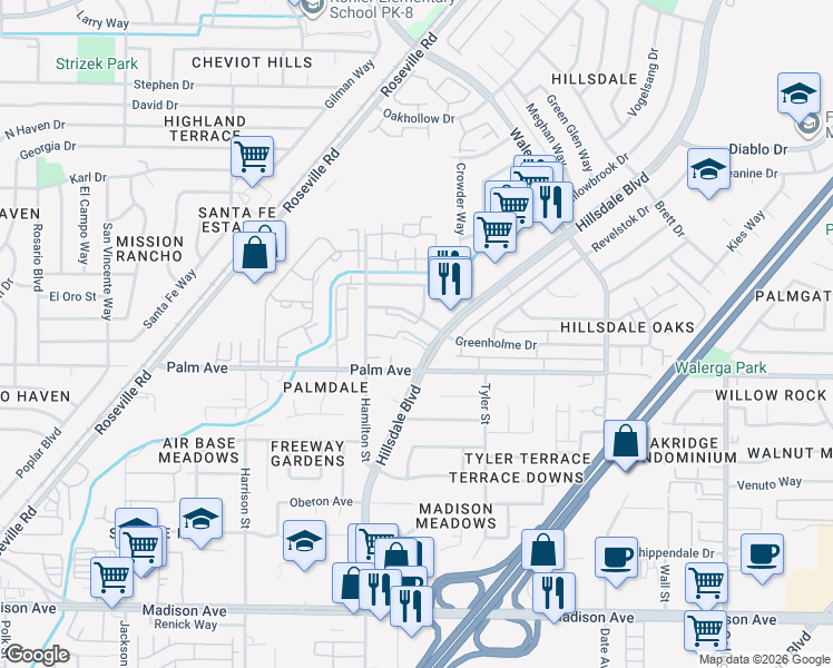 map of restaurants, bars, coffee shops, grocery stores, and more near 5700 Glassboro Way in Sacramento