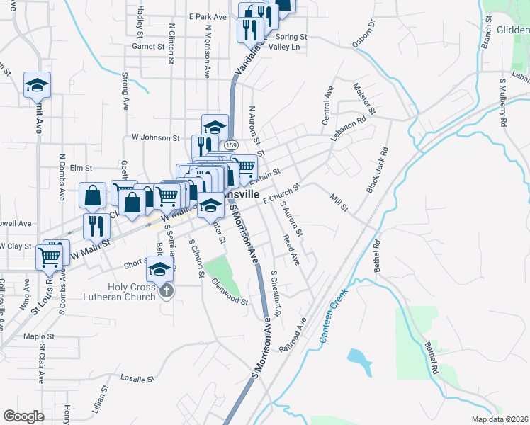 map of restaurants, bars, coffee shops, grocery stores, and more near 400 East Church Street in Collinsville