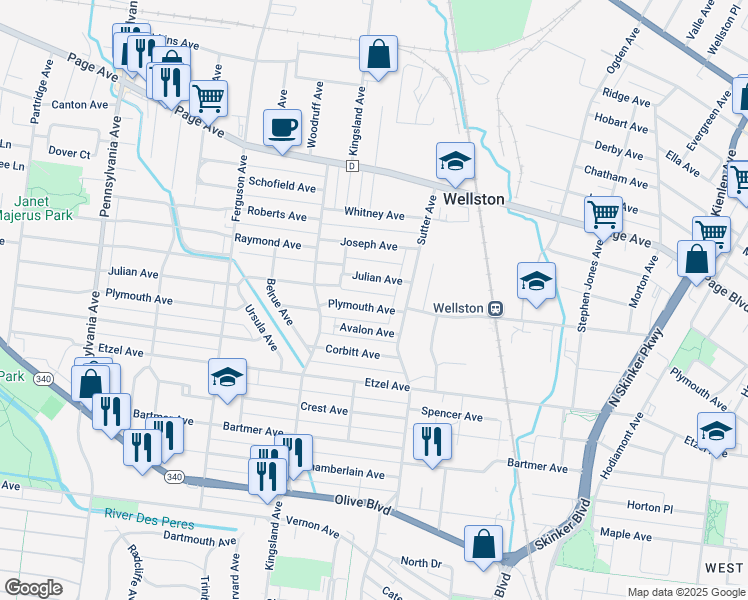 map of restaurants, bars, coffee shops, grocery stores, and more near 6523 Plymouth Avenue in University City