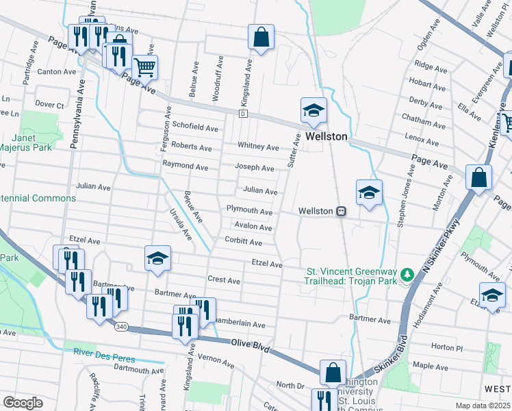 map of restaurants, bars, coffee shops, grocery stores, and more near 6525 Plymouth Avenue in University City