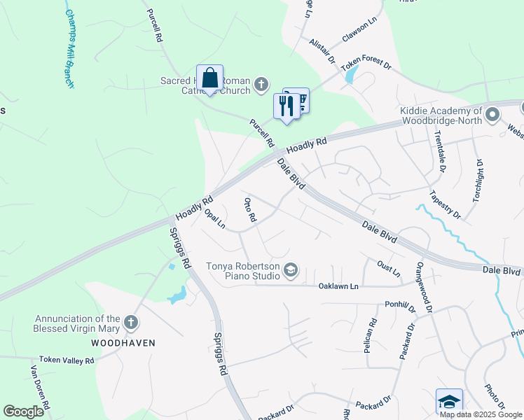 map of restaurants, bars, coffee shops, grocery stores, and more near 13114 Opal Lane in Woodbridge