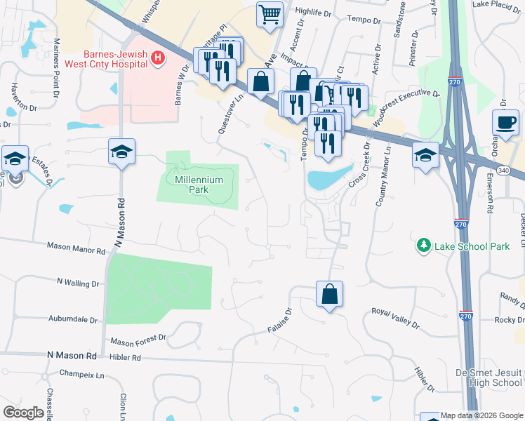 map of restaurants, bars, coffee shops, grocery stores, and more near 724 Questover Lane in Creve Coeur