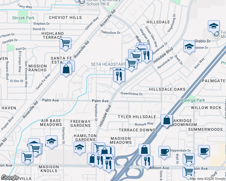 map of restaurants, bars, coffee shops, grocery stores, and more near 5700 Glassboro Way in Sacramento