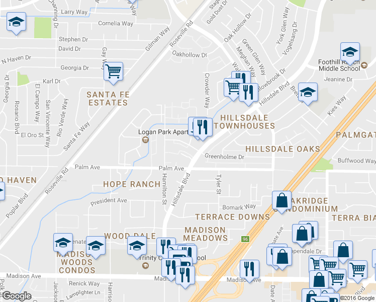 map of restaurants, bars, coffee shops, grocery stores, and more near 4352 Greenholme Drive in Sacramento