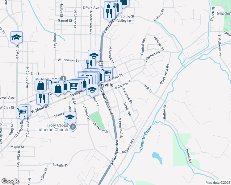 map of restaurants, bars, coffee shops, grocery stores, and more near 400 East Church Street in Collinsville