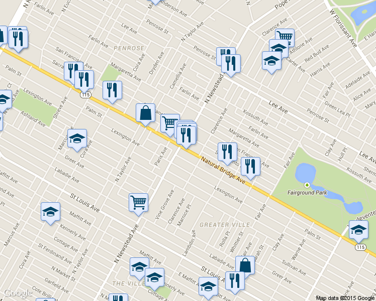 map of restaurants, bars, coffee shops, grocery stores, and more near 4341 Natural Bridge Ave in St Louis