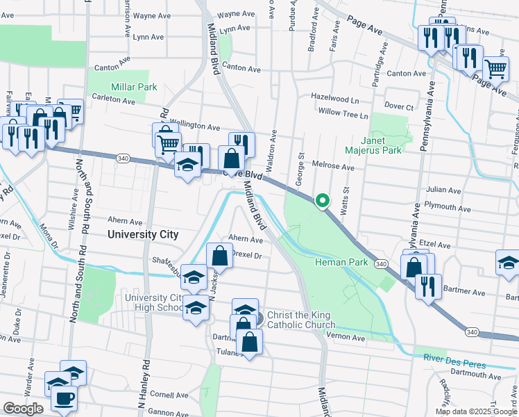 map of restaurants, bars, coffee shops, grocery stores, and more near 1150 Midland Boulevard in University City