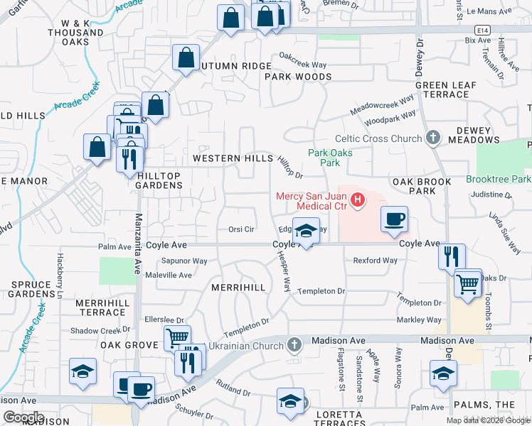 map of restaurants, bars, coffee shops, grocery stores, and more near 6218 Orsi Circle in Carmichael