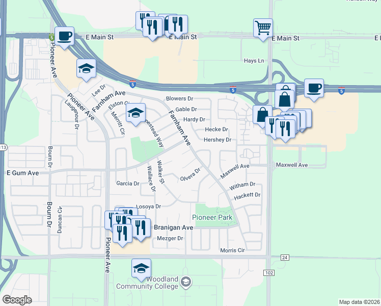 map of restaurants, bars, coffee shops, grocery stores, and more near 46 Eaton Court in Woodland