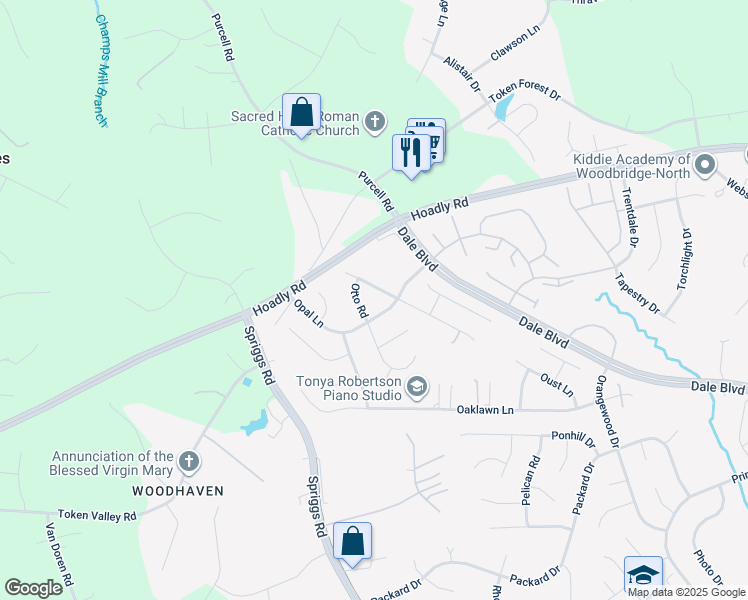 map of restaurants, bars, coffee shops, grocery stores, and more near 13114 Opal Lane in Woodbridge
