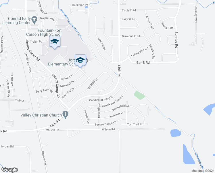 map of restaurants, bars, coffee shops, grocery stores, and more near 970 Daffodil Street in Fountain
