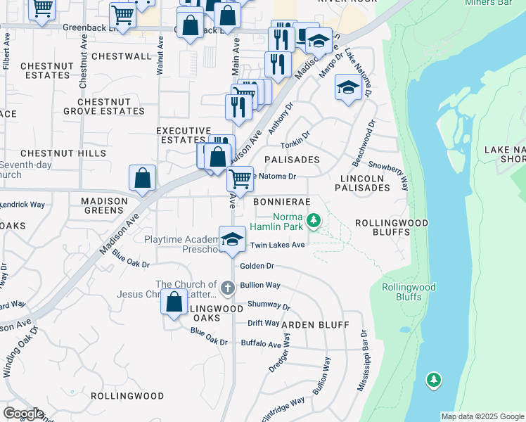 map of restaurants, bars, coffee shops, grocery stores, and more near 9436 Pershing Avenue in Orangevale