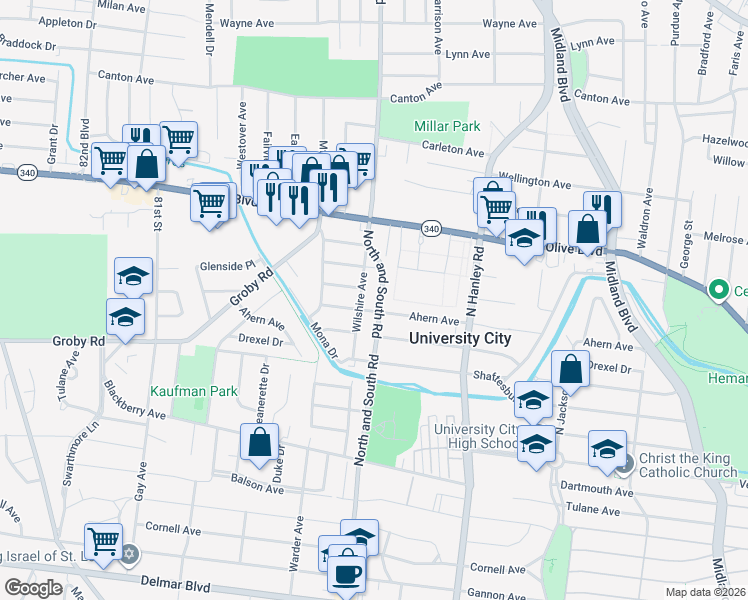 map of restaurants, bars, coffee shops, grocery stores, and more near 1127 North and South Road in University City