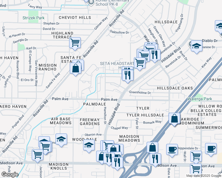 map of restaurants, bars, coffee shops, grocery stores, and more near 5632 Hamilton Street in Sacramento