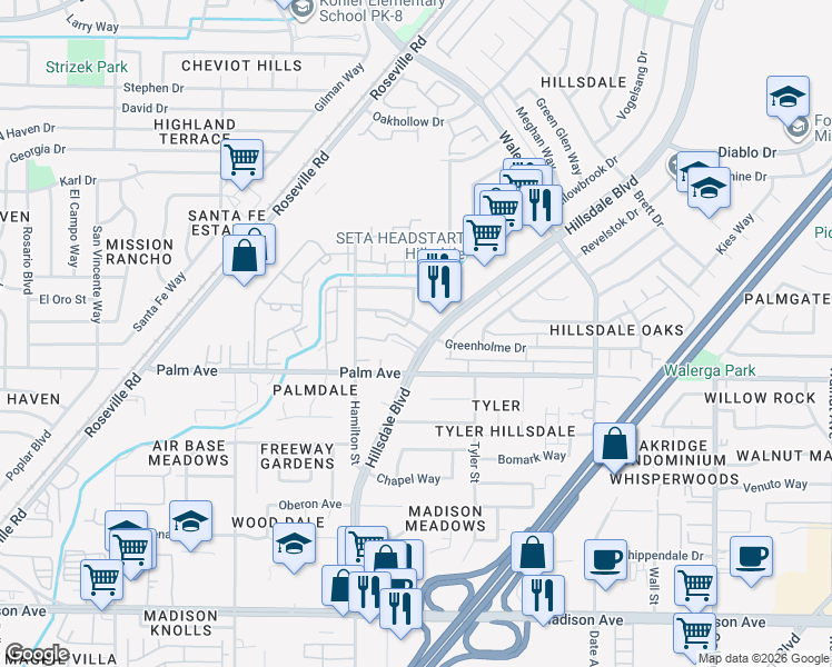 map of restaurants, bars, coffee shops, grocery stores, and more near 4358 Greenholme Drive in Sacramento