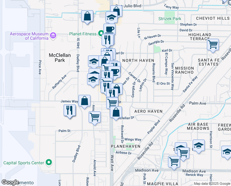 map of restaurants, bars, coffee shops, grocery stores, and more near 5649 Watt Ave in North Highlands