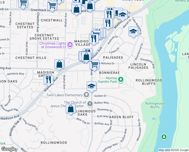 map of restaurants, bars, coffee shops, grocery stores, and more near 9410 Pershing Avenue in Orangevale