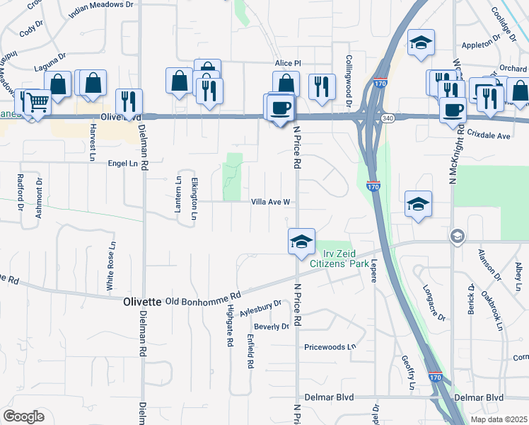map of restaurants, bars, coffee shops, grocery stores, and more near 729 Villa Capri Court in Olivette