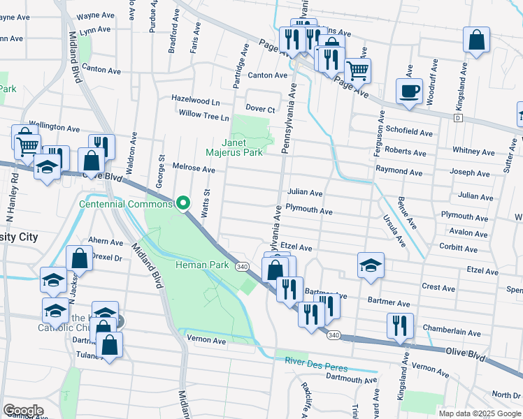 map of restaurants, bars, coffee shops, grocery stores, and more near 7020 Plymouth Avenue in University City