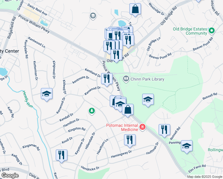 map of restaurants, bars, coffee shops, grocery stores, and more near 4305 Kentland Drive in Woodbridge