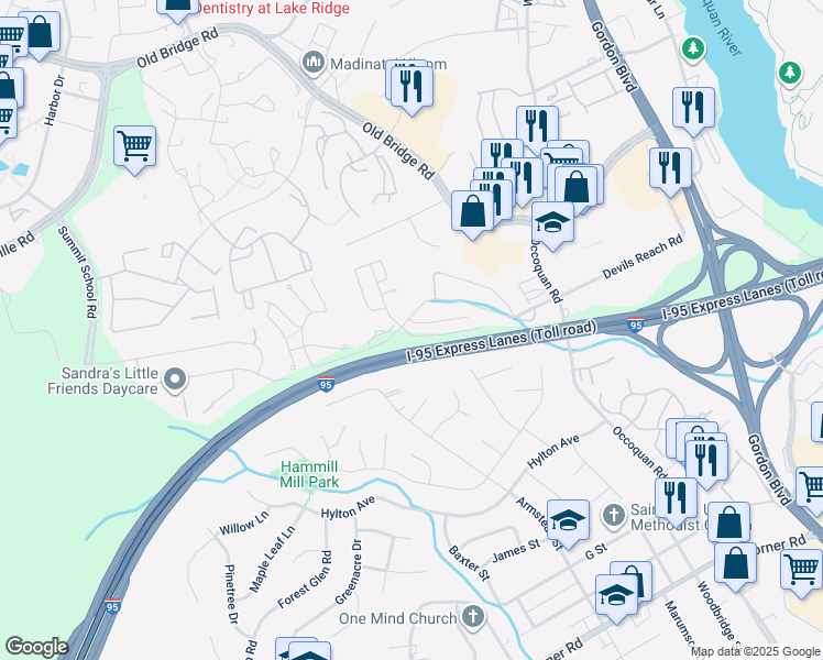 map of restaurants, bars, coffee shops, grocery stores, and more near 1706 Devil Lane in Woodbridge
