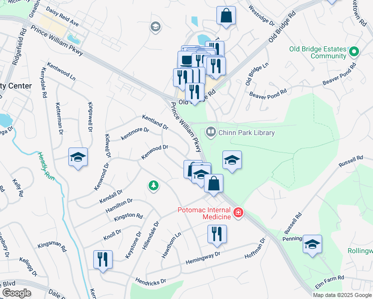 map of restaurants, bars, coffee shops, grocery stores, and more near 4305 Kentland Drive in Woodbridge