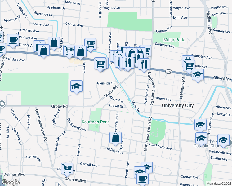 map of restaurants, bars, coffee shops, grocery stores, and more near 1075 Raisher Drive in University City
