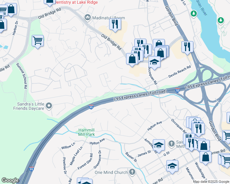 map of restaurants, bars, coffee shops, grocery stores, and more near 1706 Devil Lane in Woodbridge
