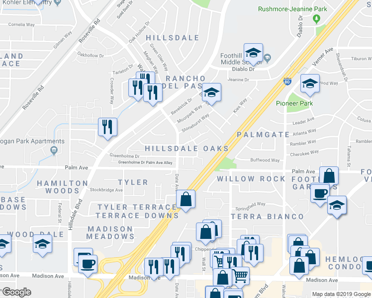 map of restaurants, bars, coffee shops, grocery stores, and more near 4707 Hayford Way in Sacramento