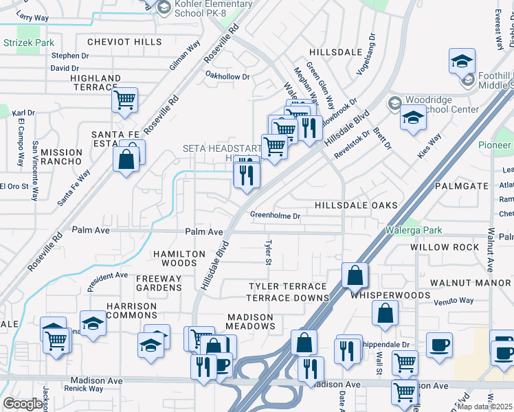 map of restaurants, bars, coffee shops, grocery stores, and more near 5612 Hillsdale Boulevard in Sacramento