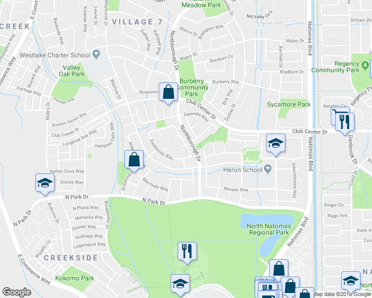 map of restaurants, bars, coffee shops, grocery stores, and more near 5300 Wadsworth Way in Sacramento