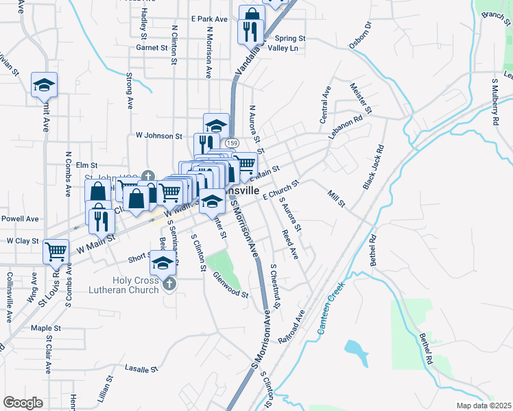 map of restaurants, bars, coffee shops, grocery stores, and more near 201 East Church Street in Collinsville