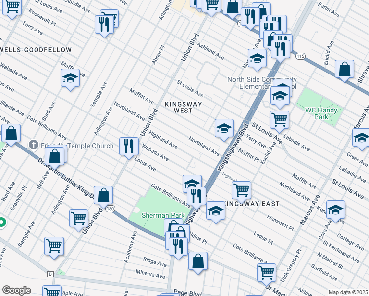 map of restaurants, bars, coffee shops, grocery stores, and more near 5133 Highland Avenue in St. Louis
