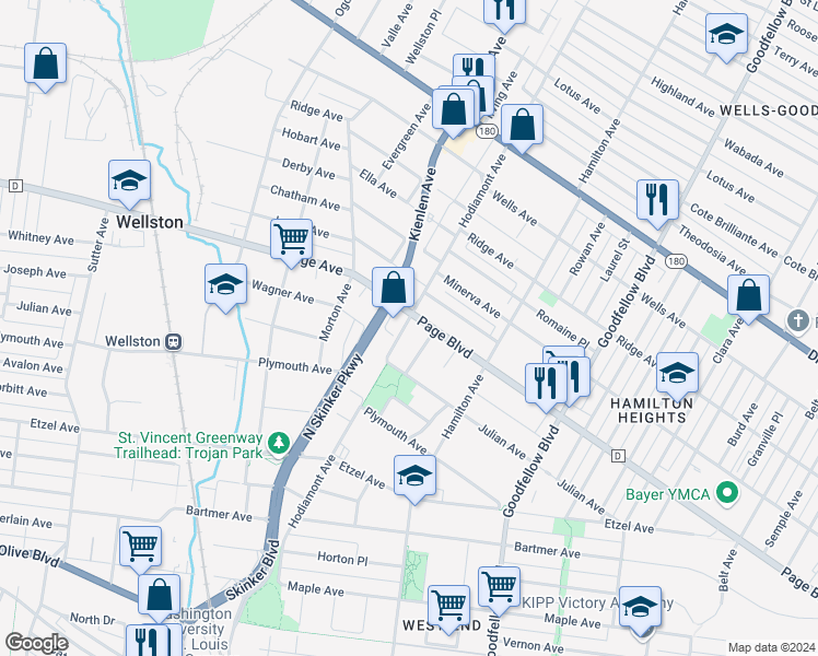 map of restaurants, bars, coffee shops, grocery stores, and more near 6104 Page Boulevard in St. Louis