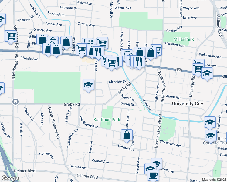 map of restaurants, bars, coffee shops, grocery stores, and more near 7944 Westover Place in University City