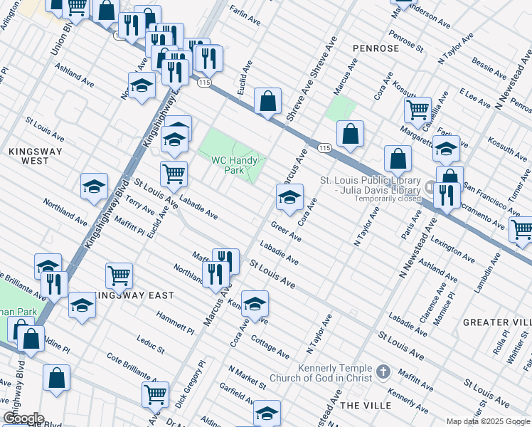 map of restaurants, bars, coffee shops, grocery stores, and more near 4725 Greer Avenue in St. Louis