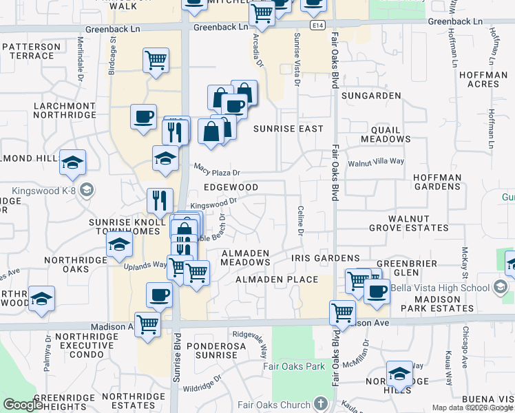 map of restaurants, bars, coffee shops, grocery stores, and more near 5769 Spyglass Lane in Citrus Heights