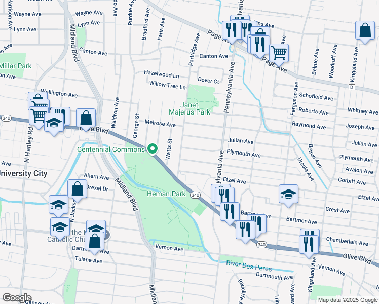 map of restaurants, bars, coffee shops, grocery stores, and more near 7055 Plymouth Avenue in University City