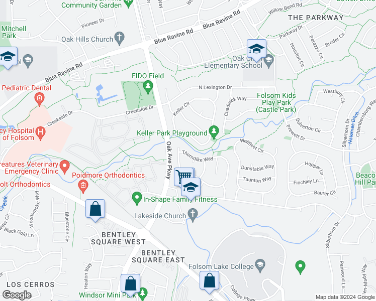 map of restaurants, bars, coffee shops, grocery stores, and more near 197 Thorndike Way in Folsom