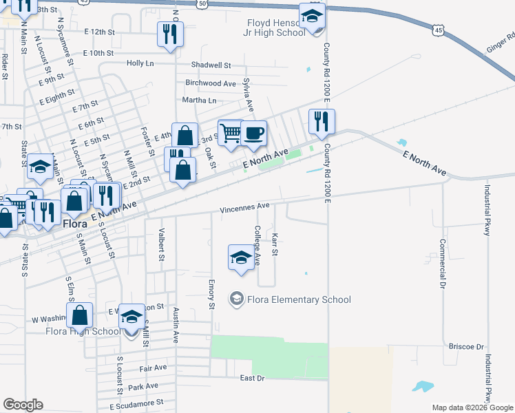 map of restaurants, bars, coffee shops, grocery stores, and more near 201 College Avenue in Flora