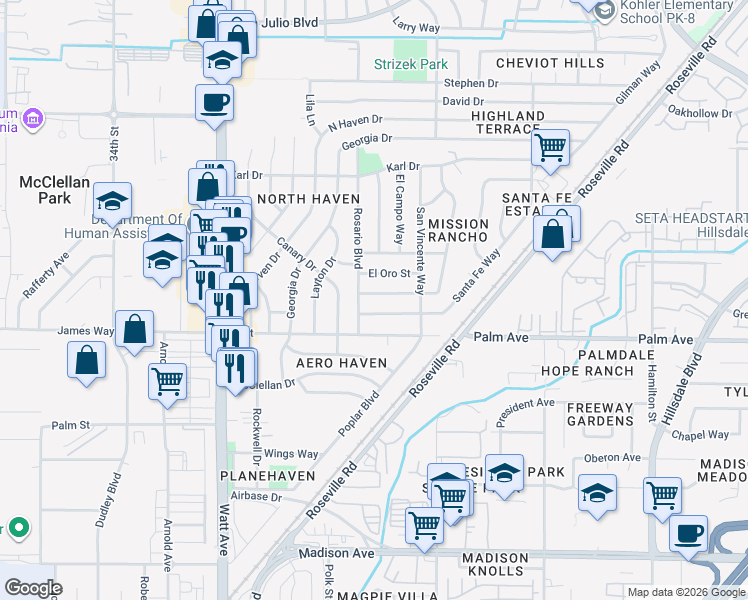 map of restaurants, bars, coffee shops, grocery stores, and more near 5633 Rosario Boulevard in North Highlands