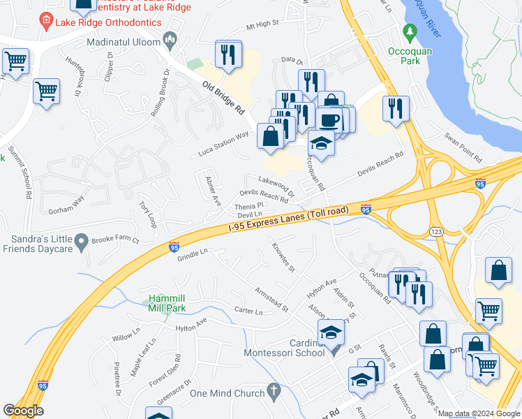 map of restaurants, bars, coffee shops, grocery stores, and more near 1650 Devil Lane in Woodbridge