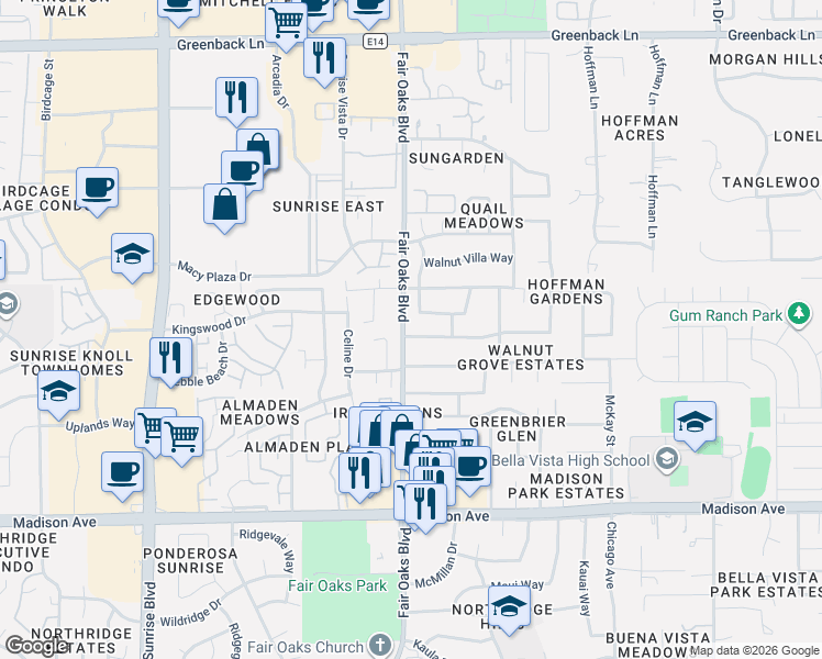 map of restaurants, bars, coffee shops, grocery stores, and more near 8124 Walnut Fair Circle in Fair Oaks