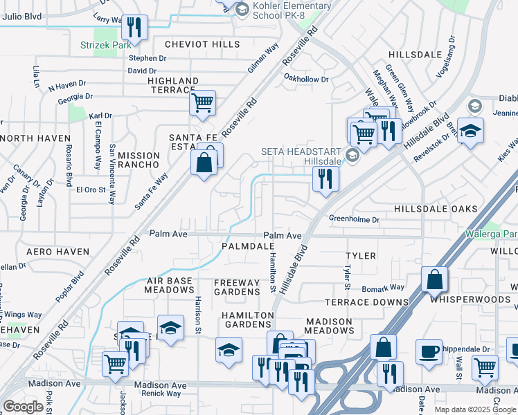 map of restaurants, bars, coffee shops, grocery stores, and more near in Foothill Farms