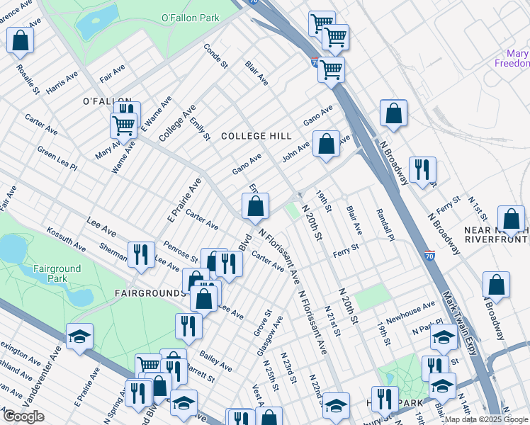 map of restaurants, bars, coffee shops, grocery stores, and more near 2035 East Grand Boulevard in St. Louis