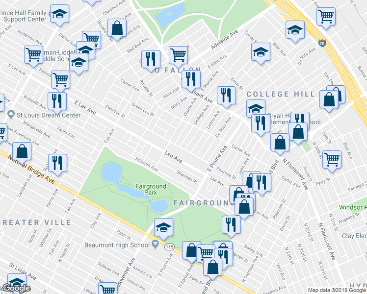map of restaurants, bars, coffee shops, grocery stores, and more near 4218 College Avenue in St. Louis